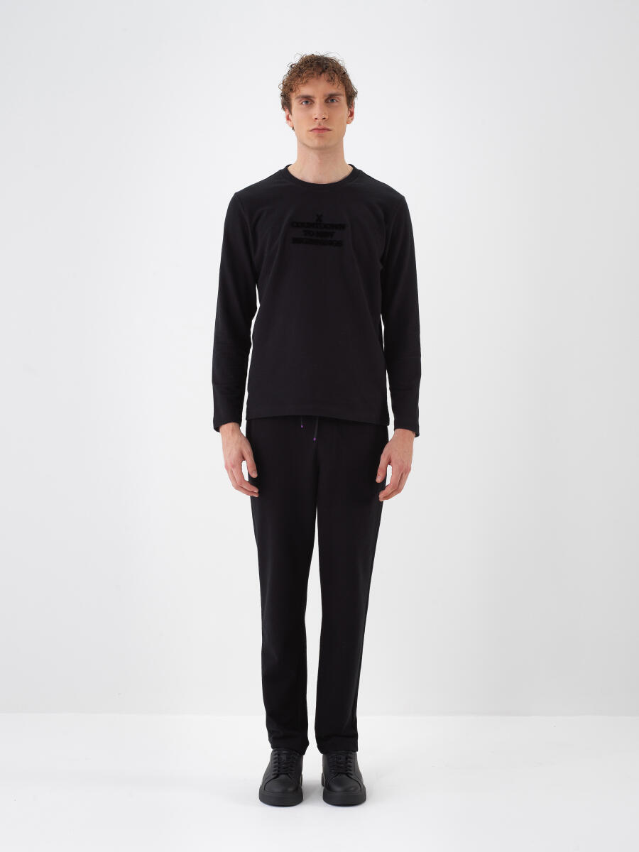 Siyah Pamuk Dokulu Regular Fit Uzun Kollu Tişört - 2