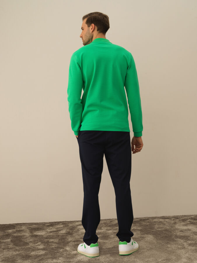 Yeşil Pamuk Dokulu Slim Fit Uzun Kollu Tişört - Xint