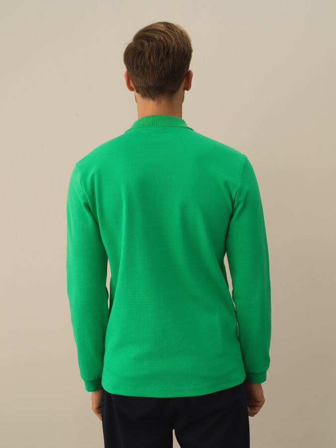 Yeşil Pamuk Dokulu Slim Fit Uzun Kollu Tişört - Xint
