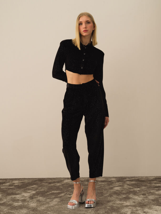 High Waist Oversized Shiny Textured Pants - Xint