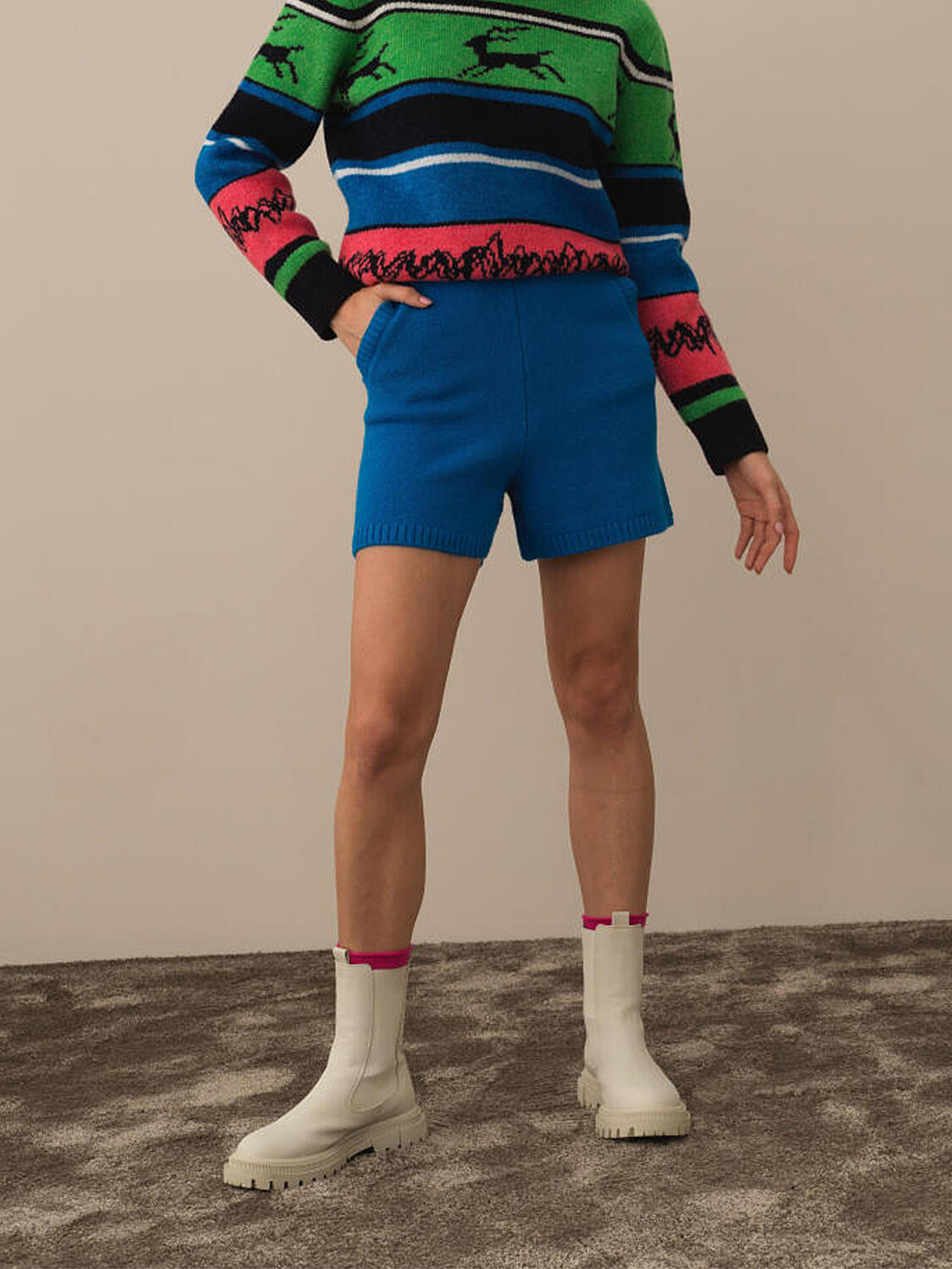 High Waist Regular Fit Wool Knit Shorts - 1