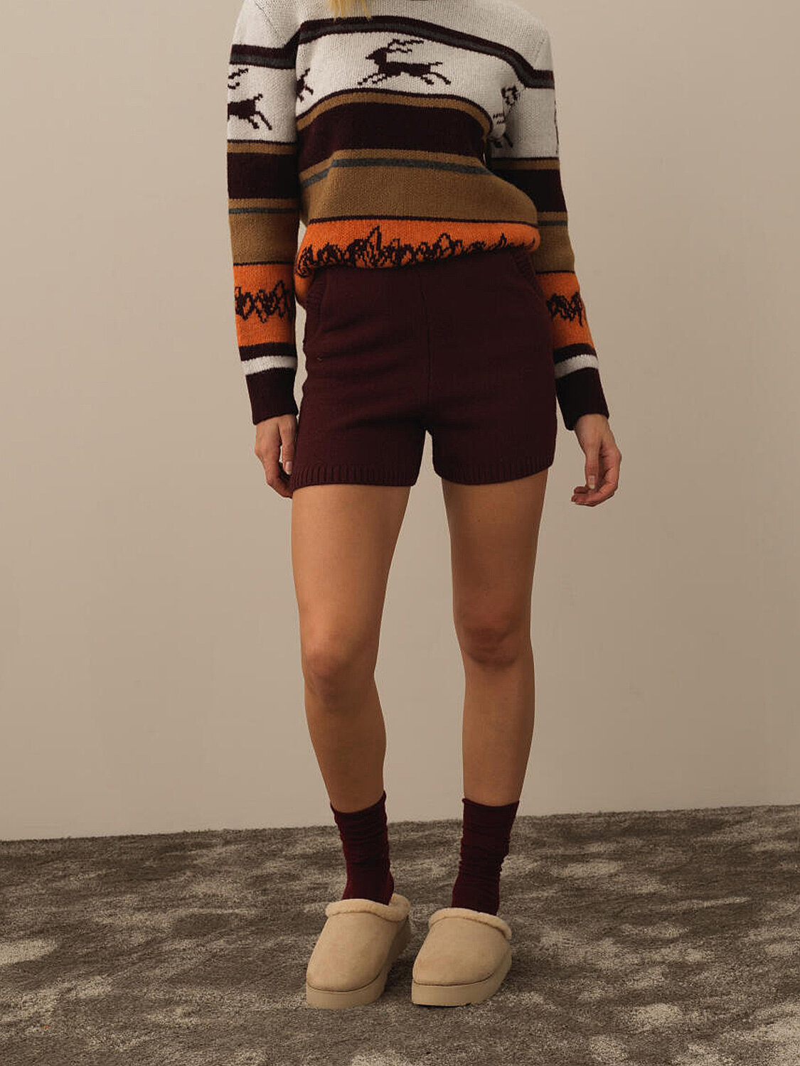 High Waist Regular Fit Wool Knit Shorts - 1