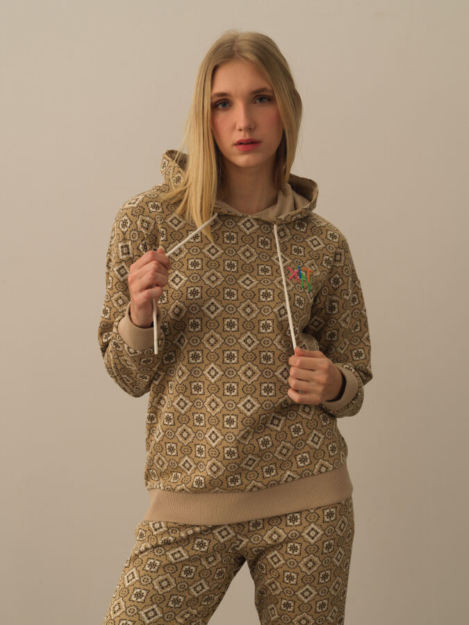 Hooded Oversized Patterned Modal Sweatshirt - Xint