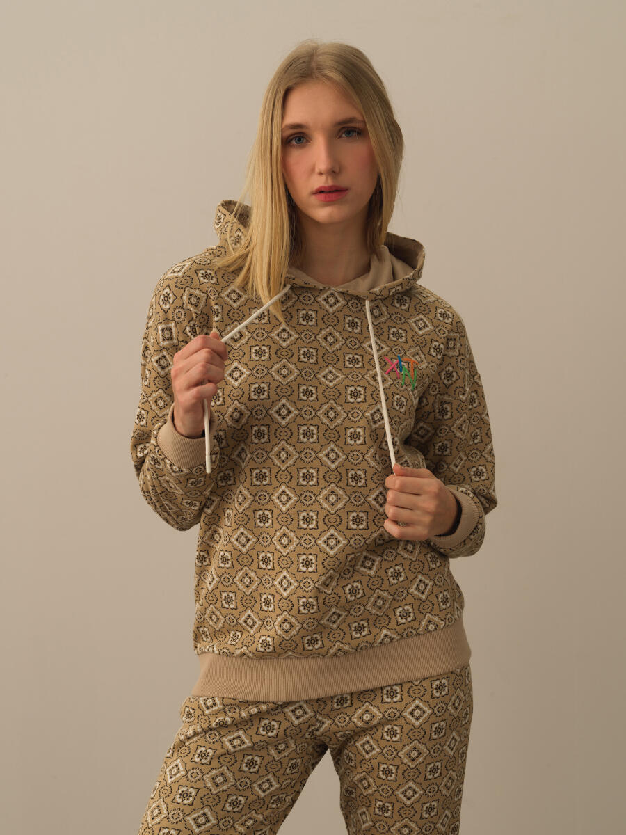 Hooded Oversized Patterned Modal Sweatshirt - 1