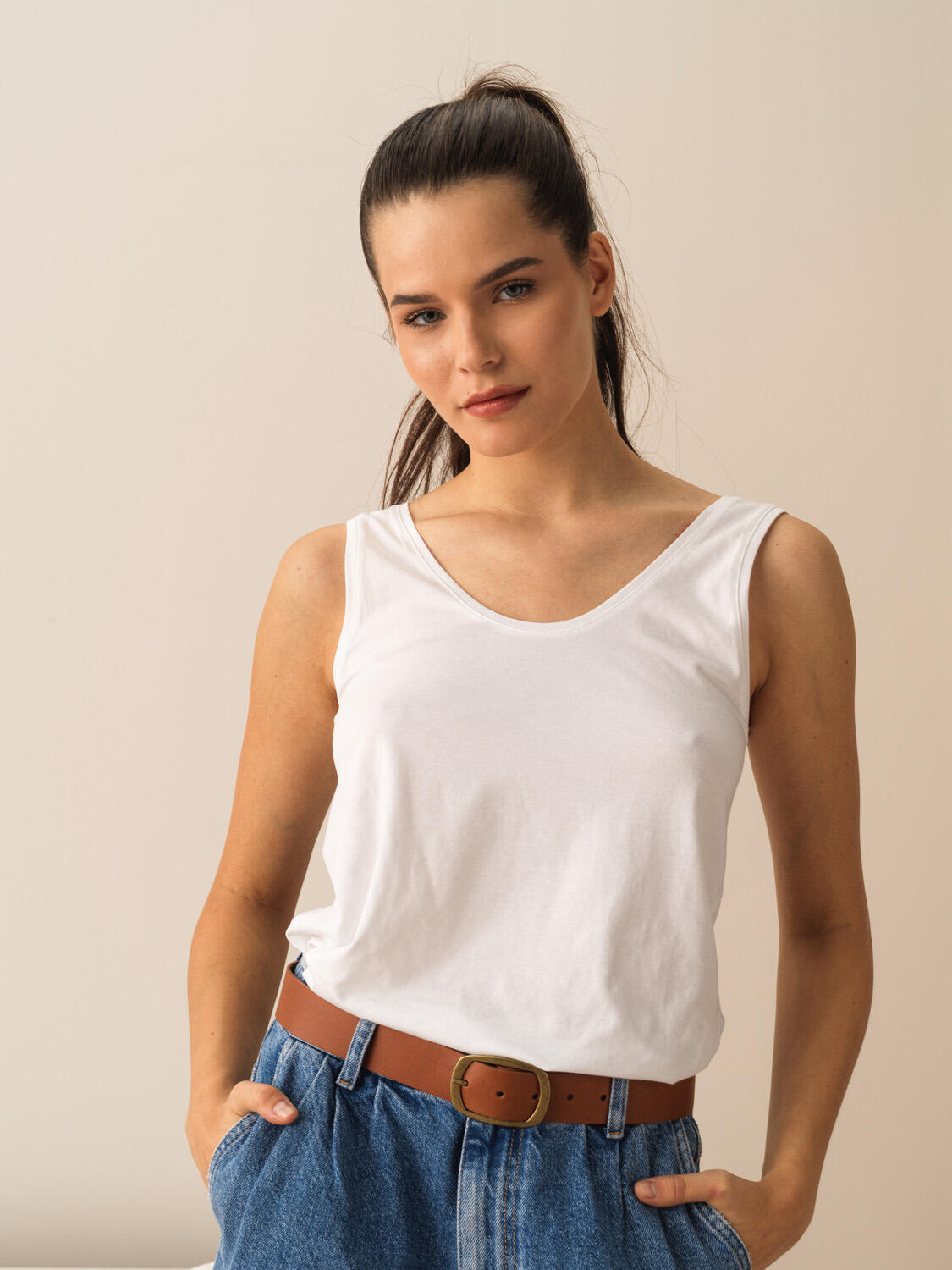 Kırık Beyaz Pamuk Dokulu Regular Fit Atlet