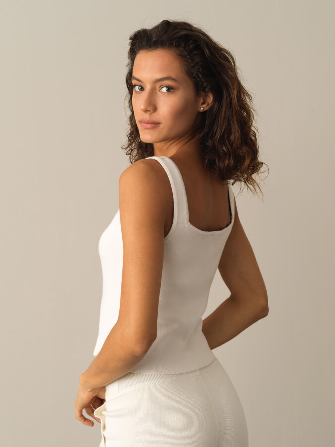 Ekru Pamuk Dokulu Slim Fit Triko Basic Atlet - Xint