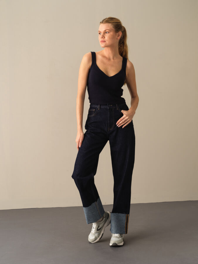 Lacivert Pamuk Dokulu Slim Fit Triko Basic Atlet - Xint