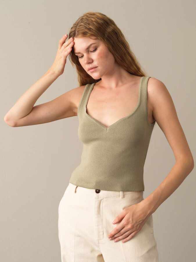 Yeşil Pamuk Dokulu Slim Fit Triko Basic Atlet - Xint