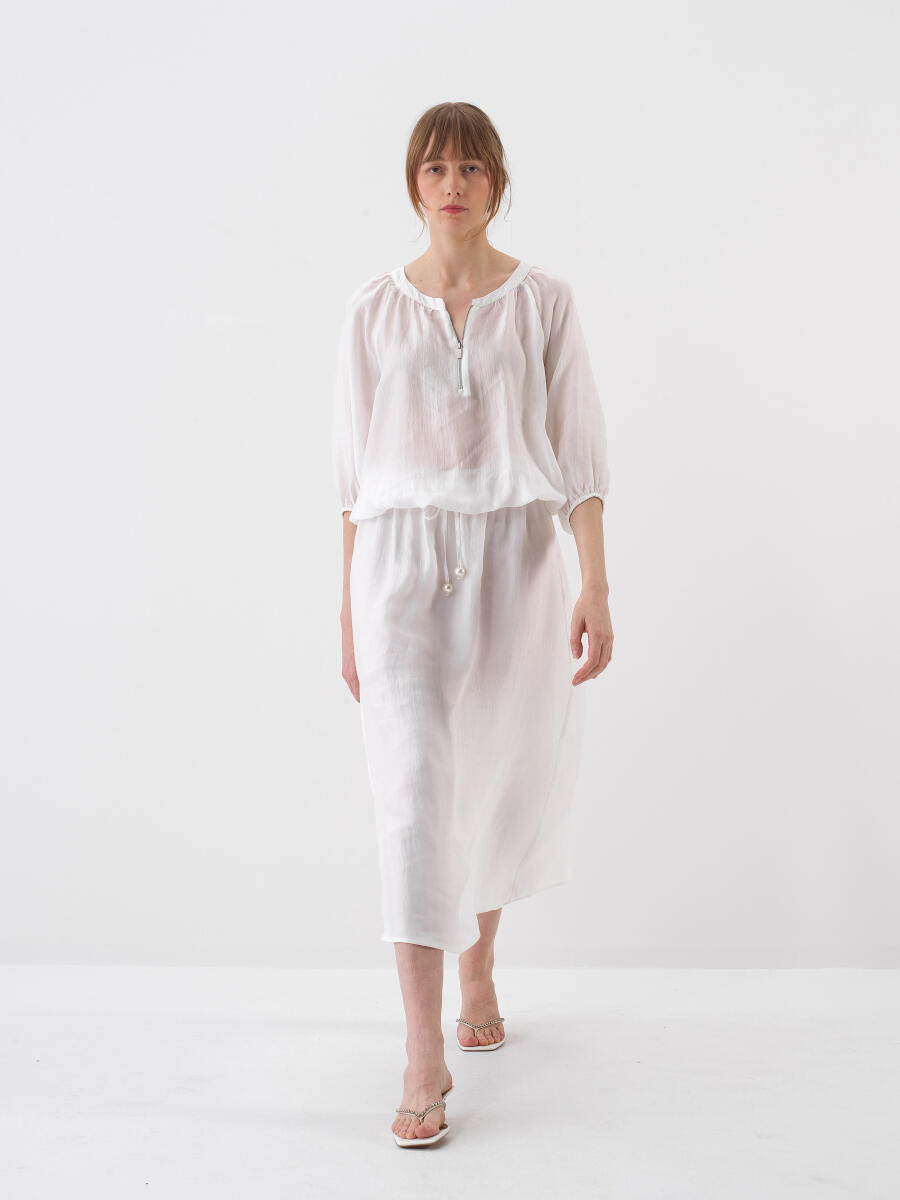 Beyaz Doğal Akışlı Oversize Bluz - 2