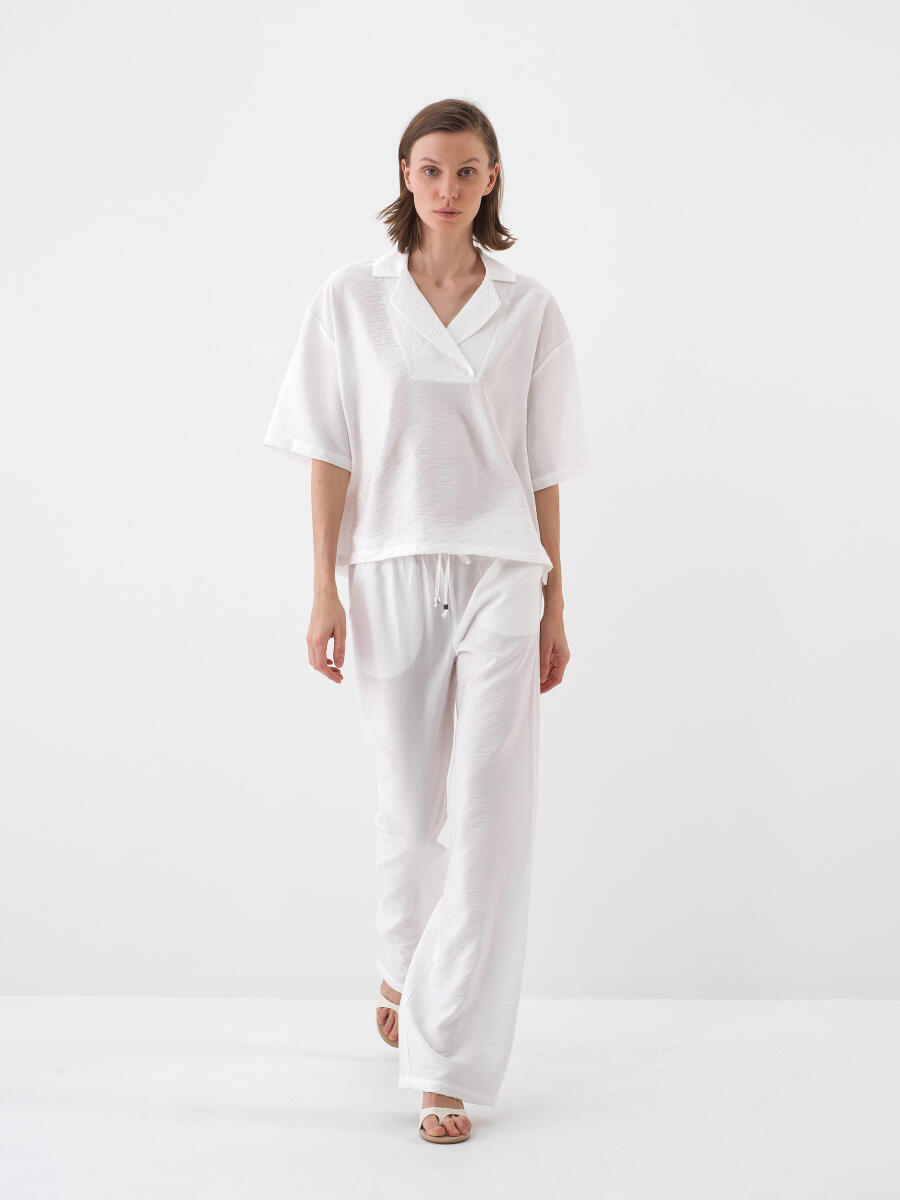 Beyaz Doğal Dökümlü Oversize Bluz - 2