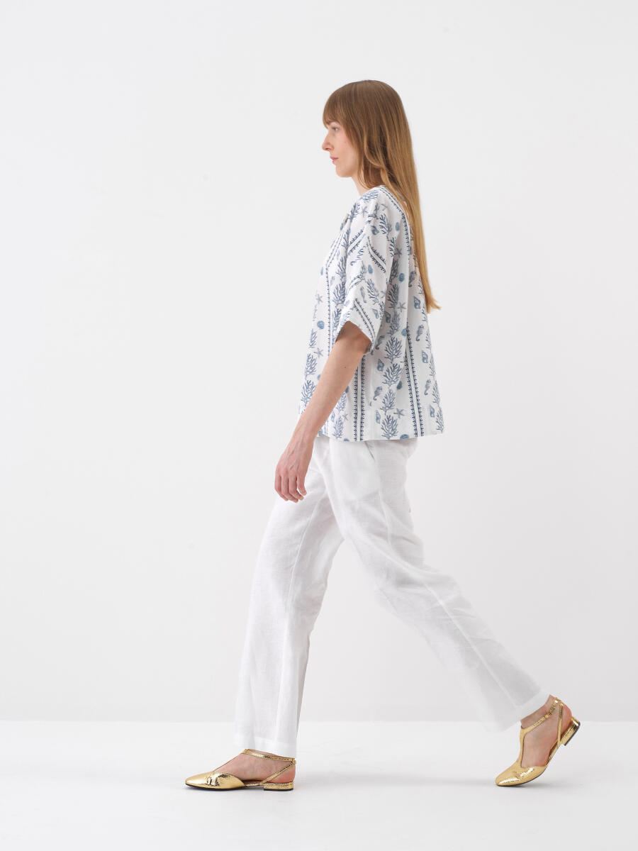 Beyaz Keten Karışımlı Oversize Bluz - 3