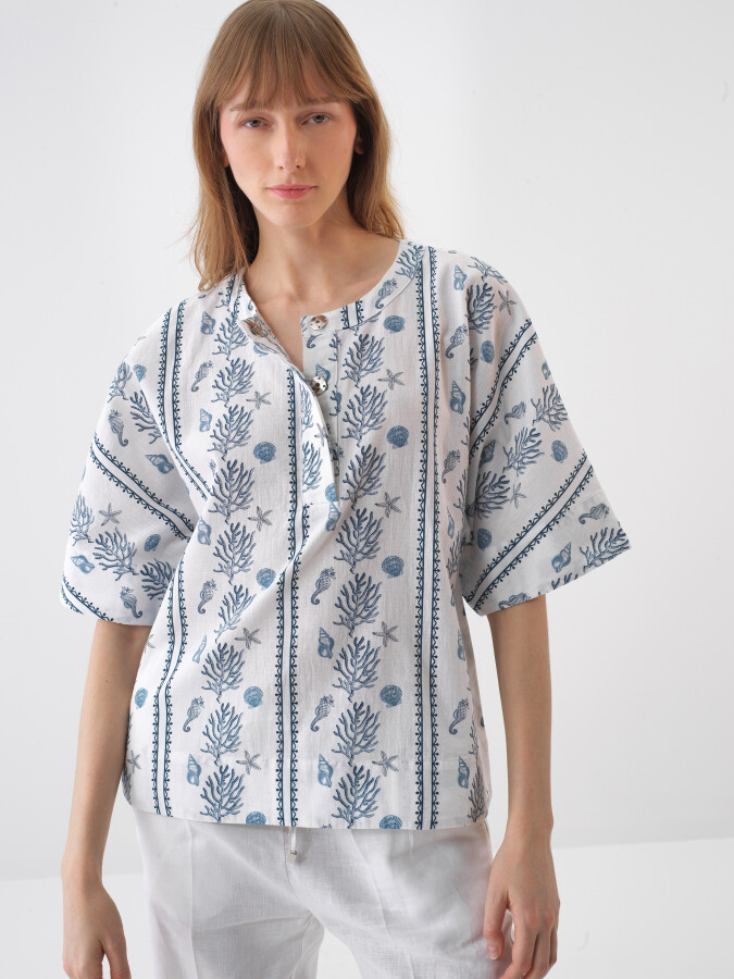 Beyaz Keten Karışımlı Oversize Bluz - 1