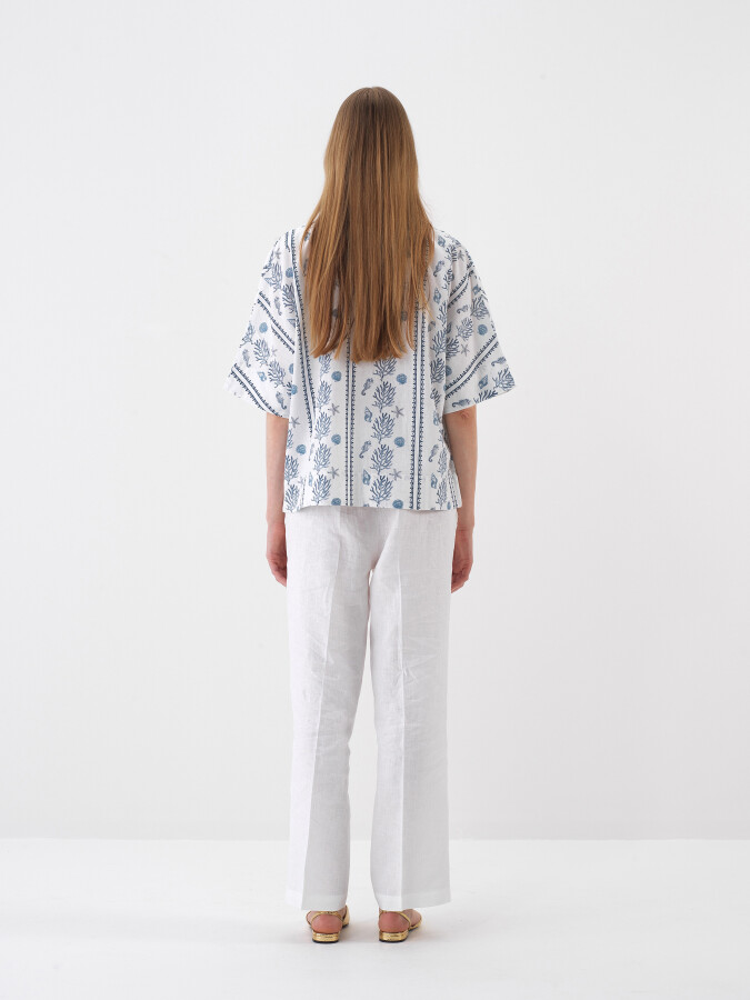 Beyaz Keten Karışımlı Oversize Bluz - 5