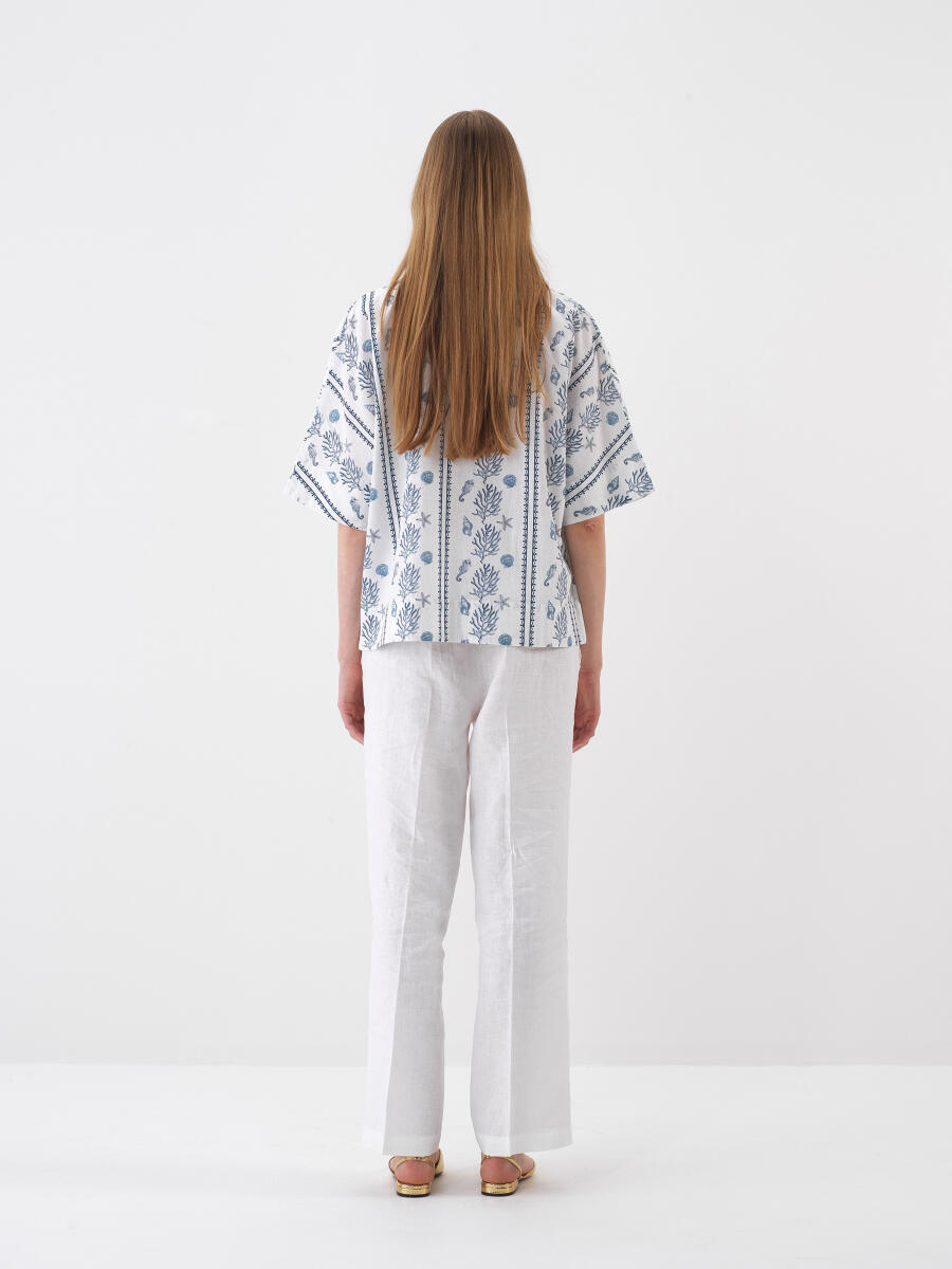 Beyaz Keten Karışımlı Oversize Bluz - 5