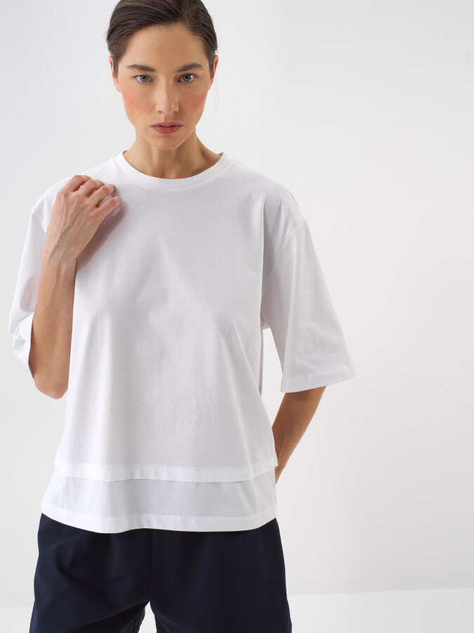 Beyaz Pamuk Dokulu Oversize Bluz - 1