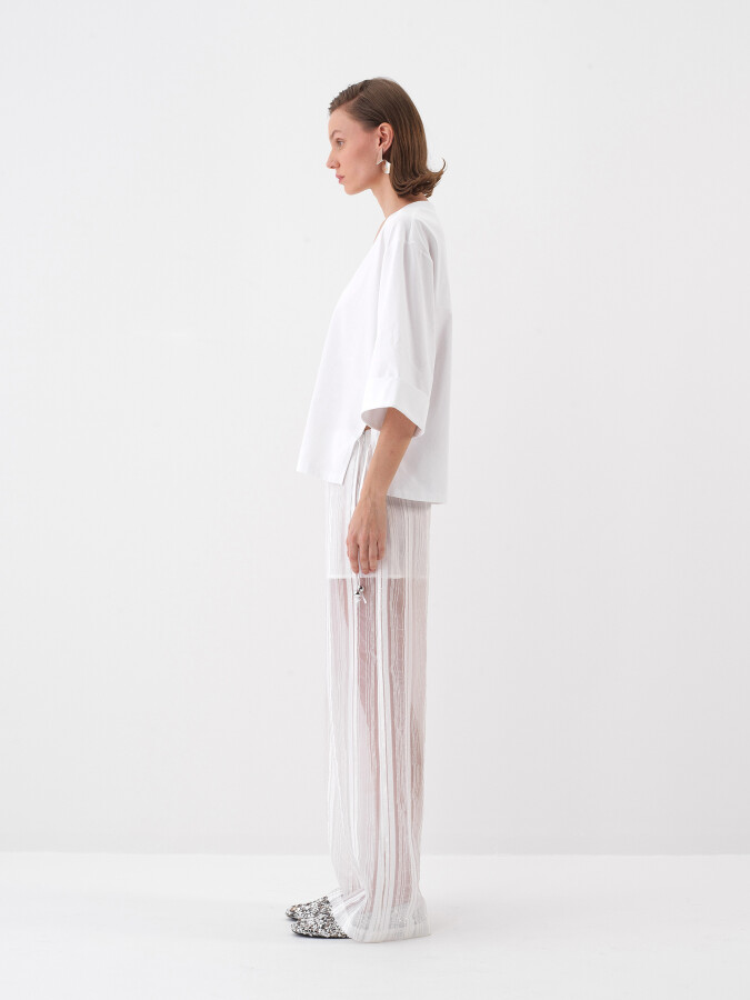Beyaz Pamuk Dokulu Oversize Bluz - 3