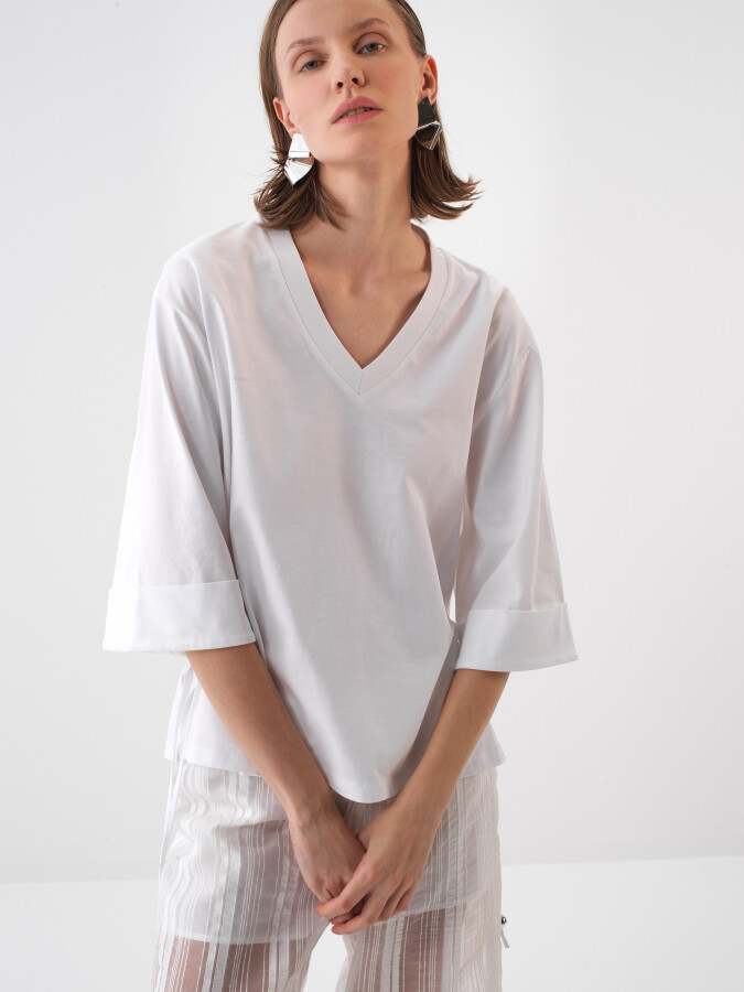 Beyaz Pamuk Dokulu Oversize Bluz - 1