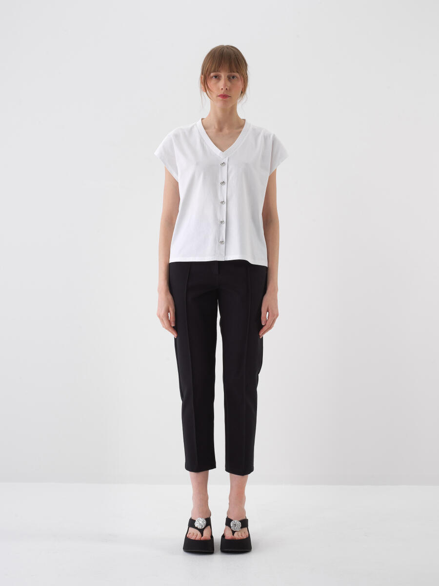 Beyaz Pamuk Dokulu Oversize Bluz - 2