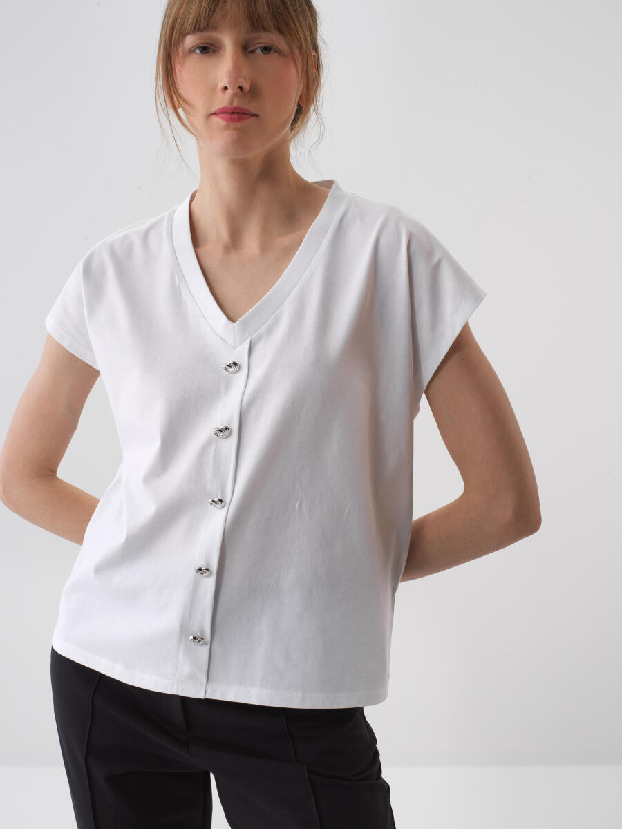 Beyaz Pamuk Dokulu Oversize Bluz - 1