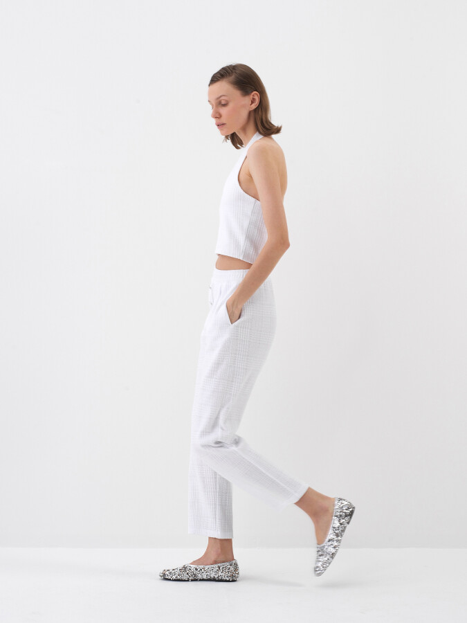Beyaz Pamuk Dokulu Regular Fit Bluz - 4