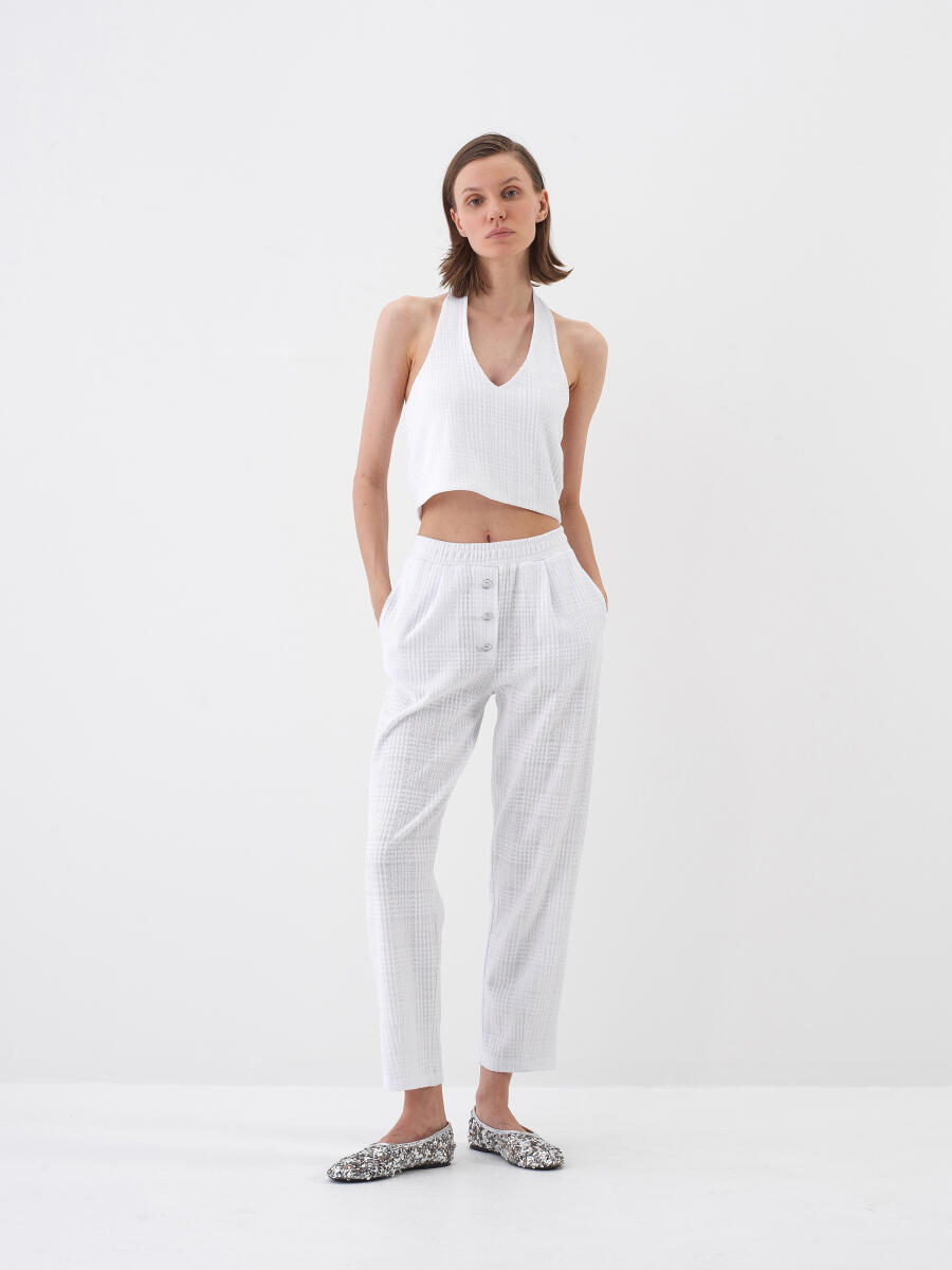 Beyaz Pamuk Dokulu Regular Fit Bluz - 2