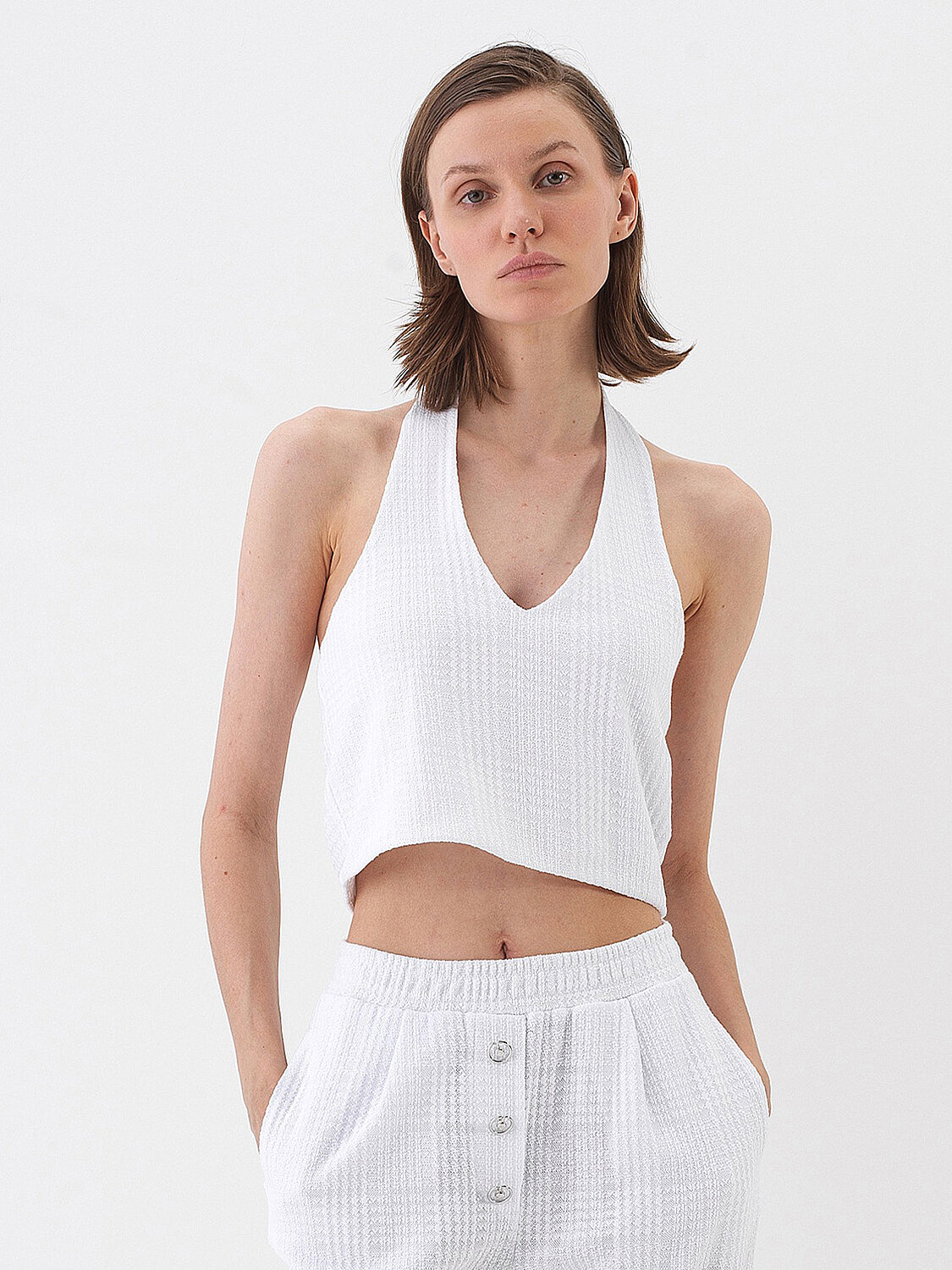 Beyaz Pamuk Dokulu Regular Fit Bluz