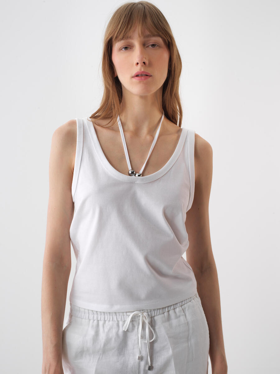 Beyaz Pamuk Dokulu Regular Fit Bluz - 1