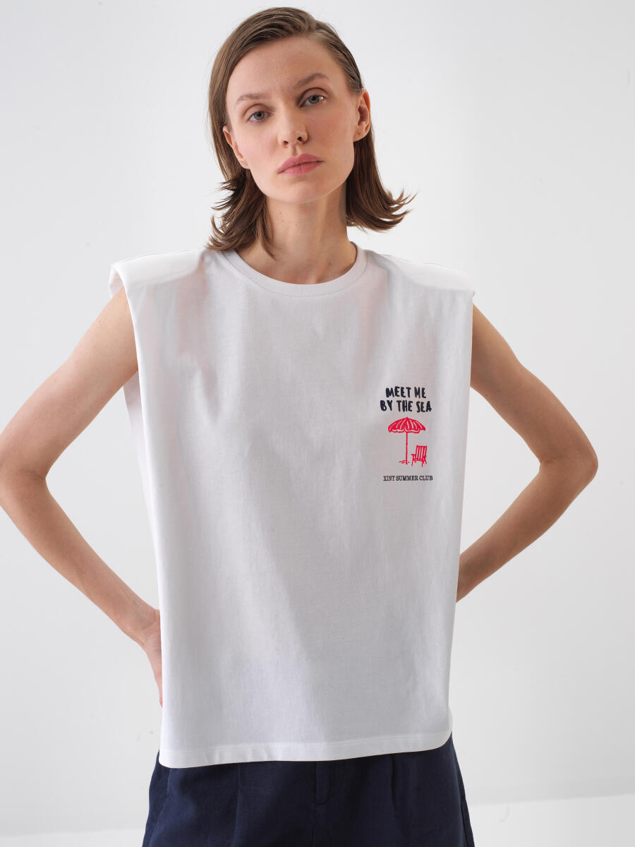 Beyaz Pamuk Dokulu Regular Fit Bluz - 1
