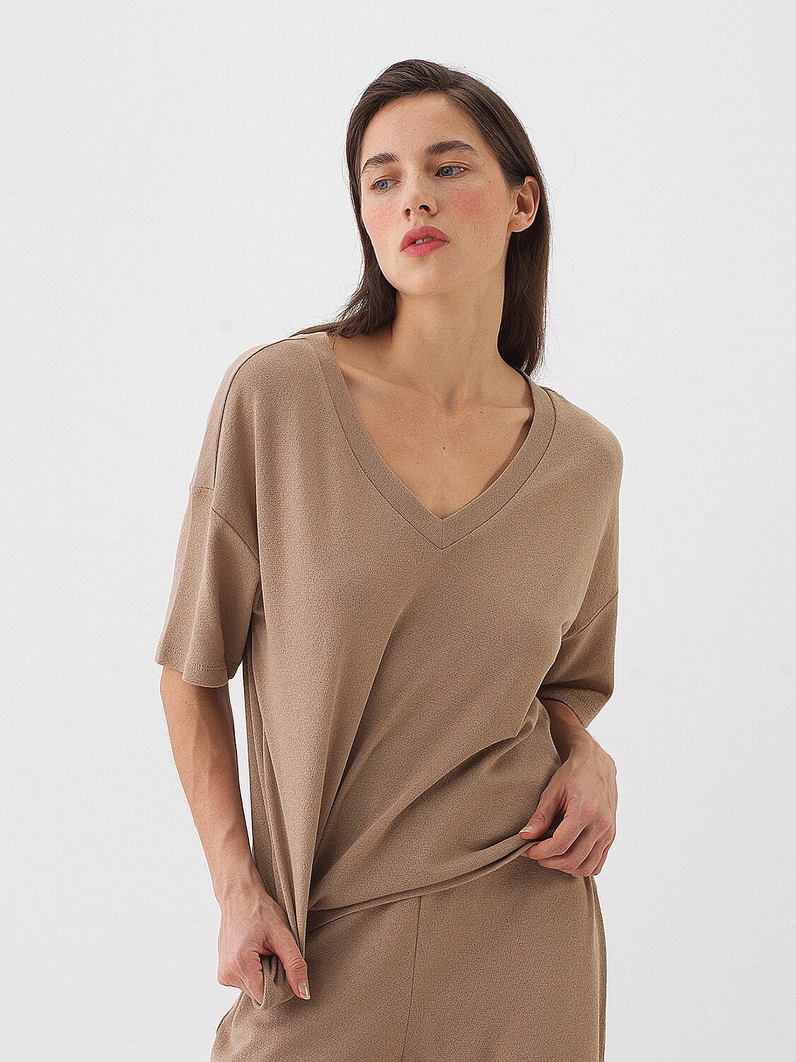 Camel Pamuk Dokulu Oversize Bluz