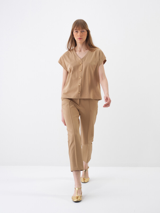 Camel Pamuk Dokulu Oversize Bluz - 2