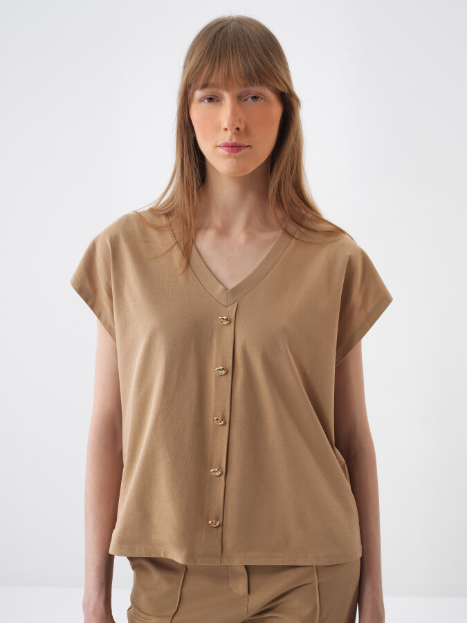 Camel Pamuk Dokulu Oversize Bluz - 3
