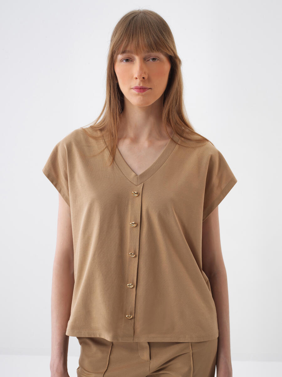 Camel Pamuk Dokulu Oversize Bluz - 3