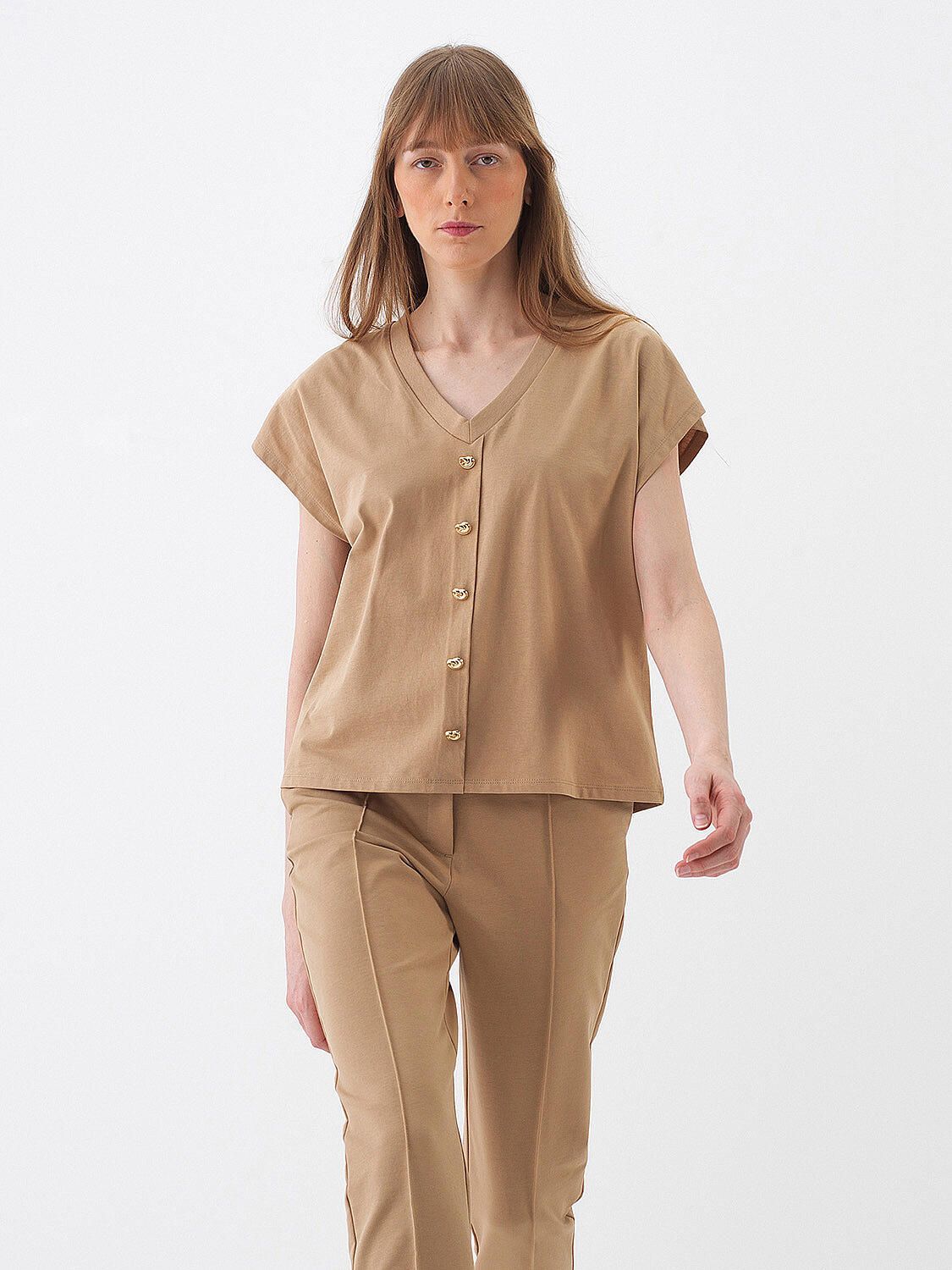 Camel Pamuk Dokulu Oversize Bluz - 1