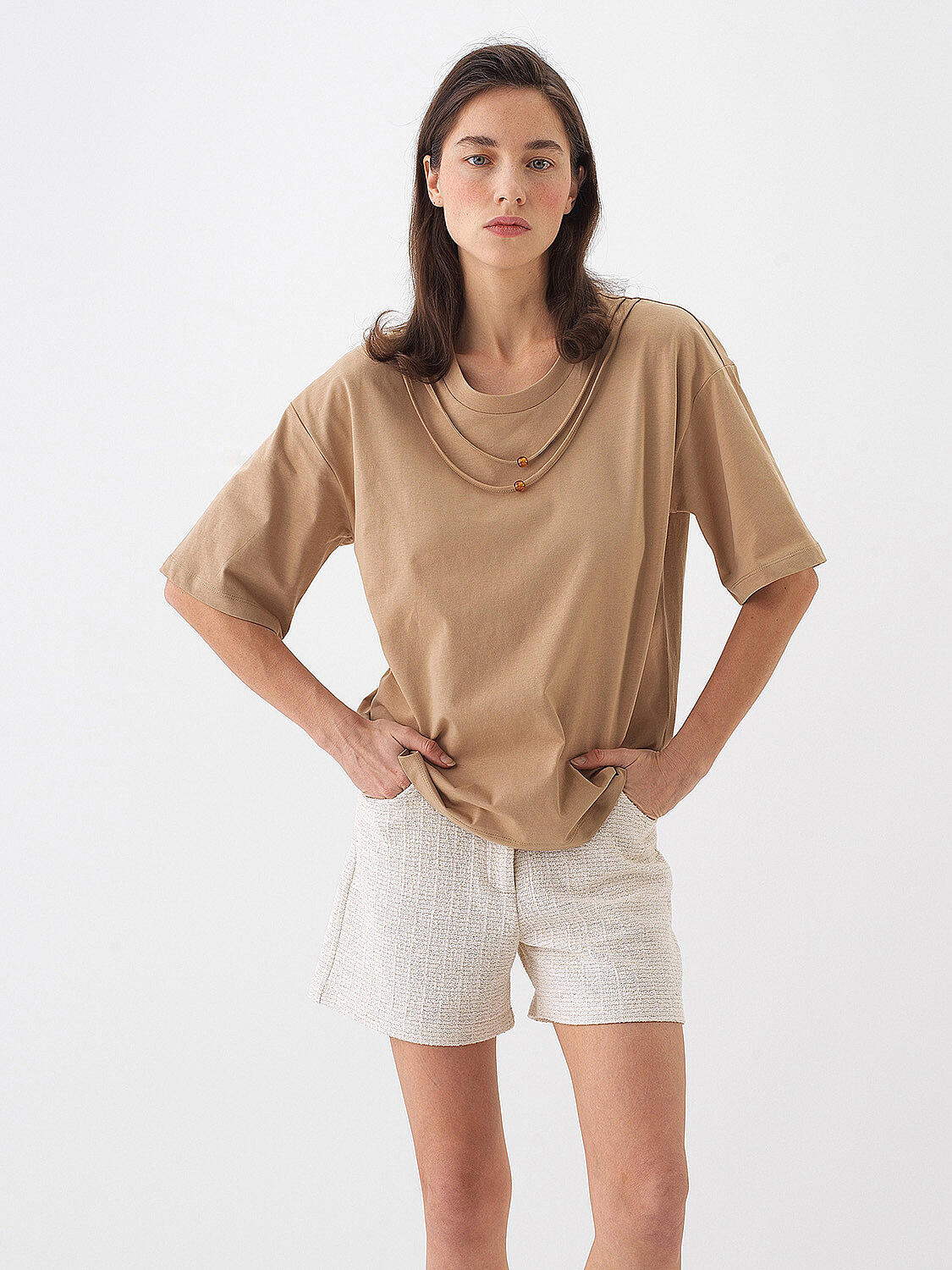 Camel Pamuk Dokulu Oversize Bluz - 1