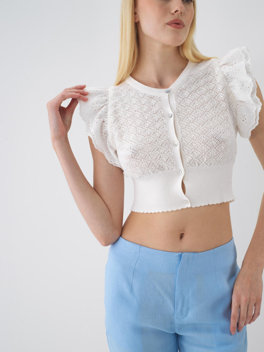 Ekru Pamuk Dokulu Slim Fit Bluz - 1