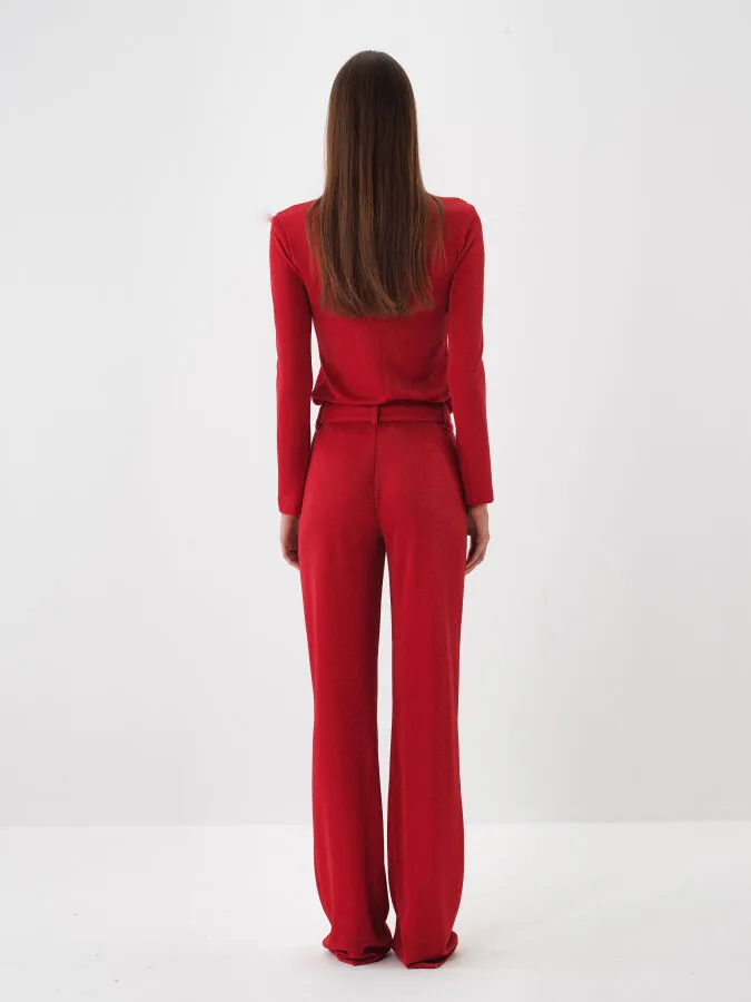 Kırmızı Işıltılı Sim Detaylı Regular Fit Bluz - Xint