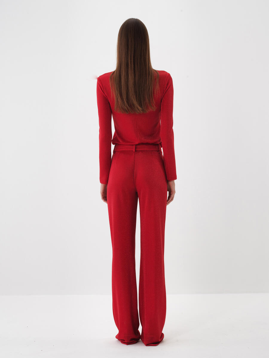 Kırmızı Işıltılı Sim Detaylı Regular Fit Bluz - 5