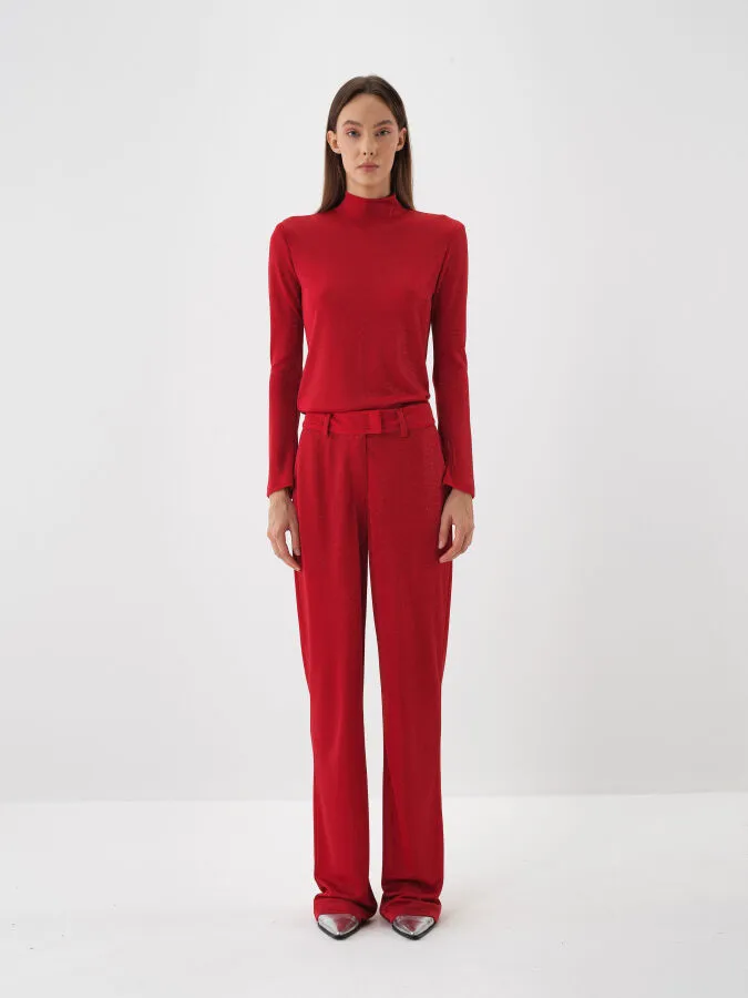 Kırmızı Işıltılı Sim Detaylı Regular Fit Bluz - Xint