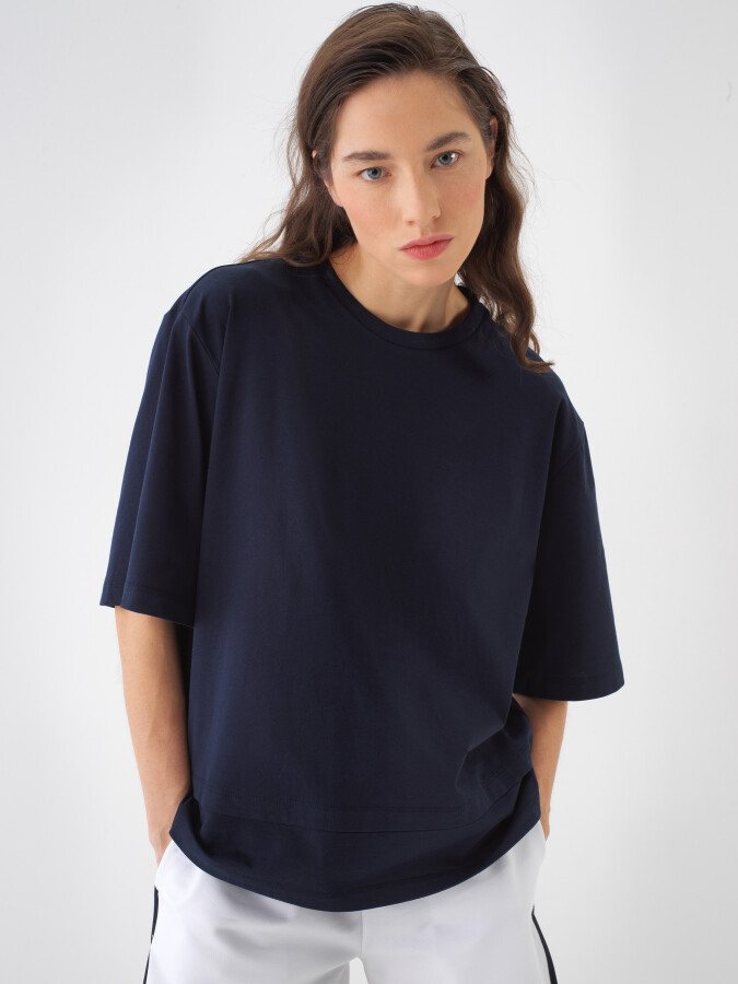 Lacivert Pamuk Dokulu Oversize Bluz - 1