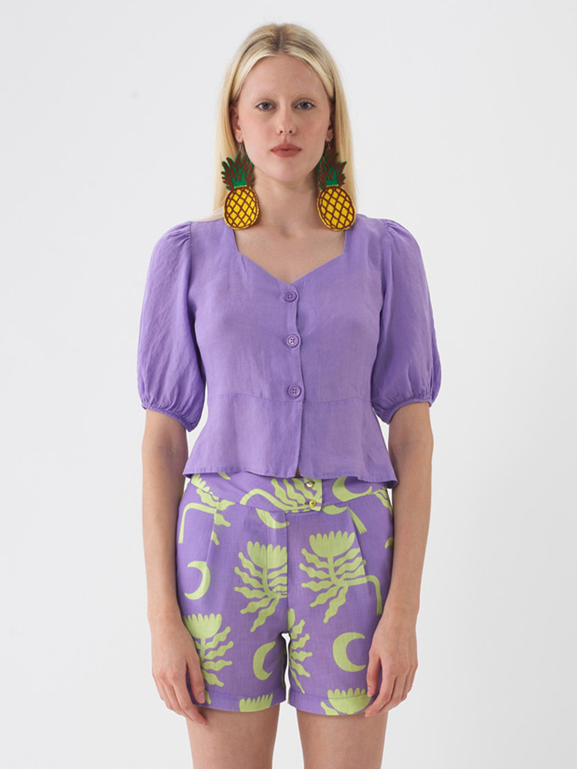 Lila %100 Keten Regular Fit Bluz