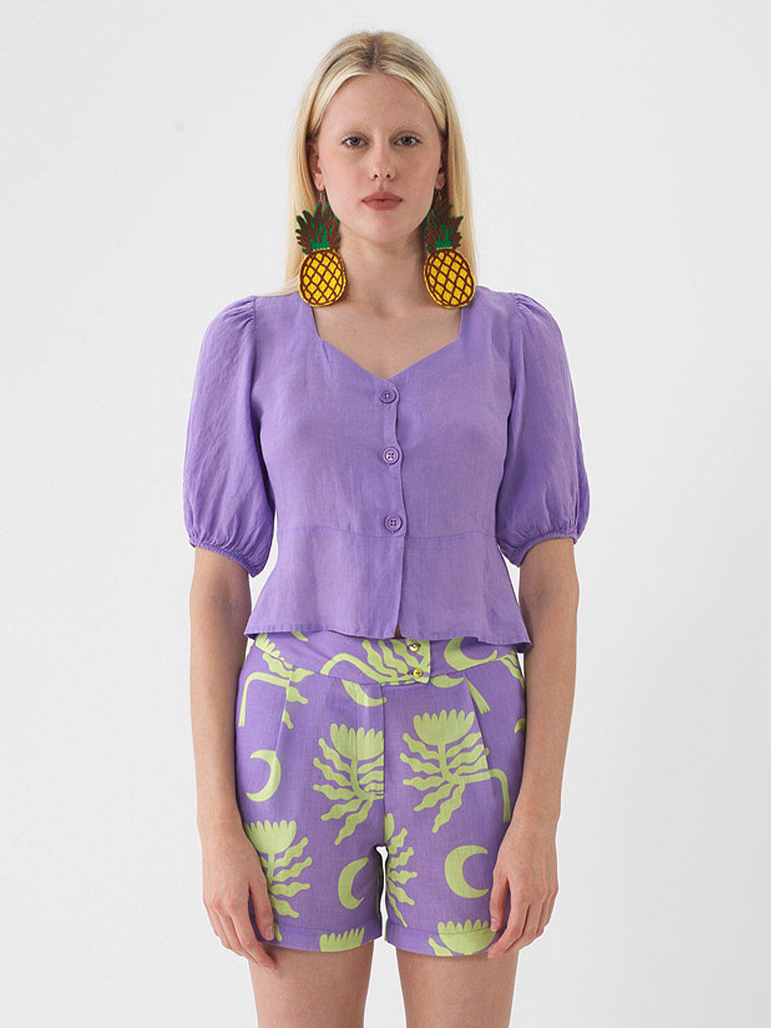 Lila %100 Keten Regular Fit Bluz