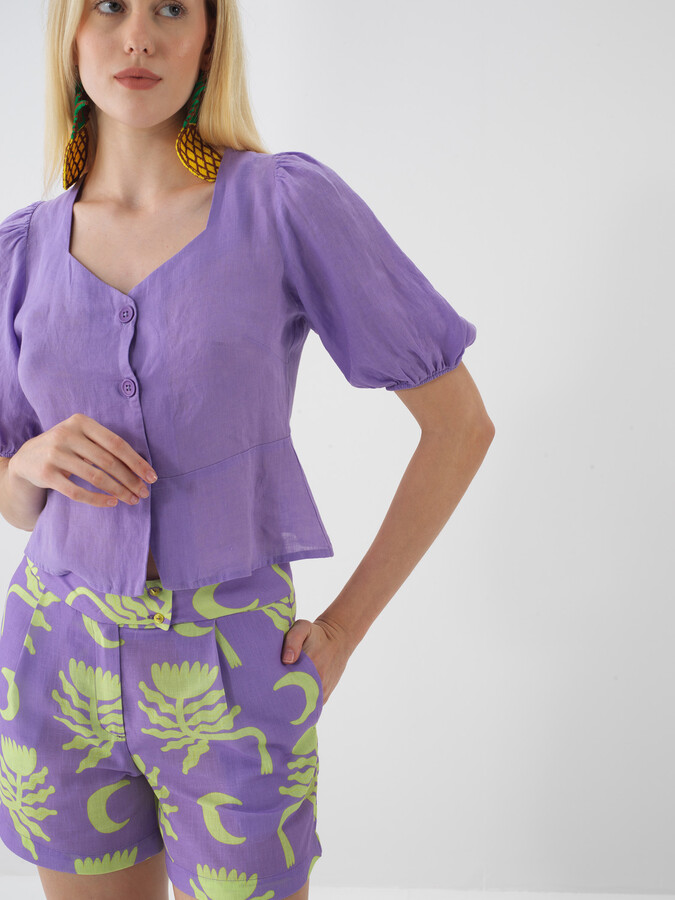 Lila %100 Keten Regular Fit Bluz - 3