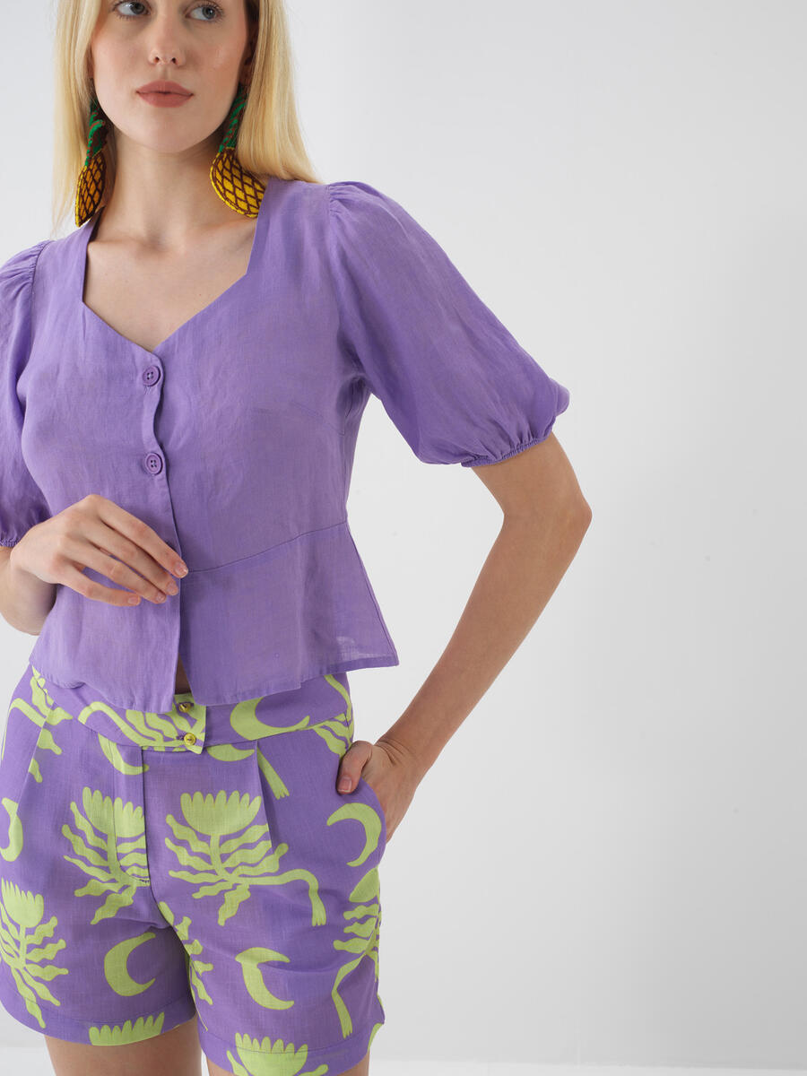 Lila %100 Keten Regular Fit Bluz - 3
