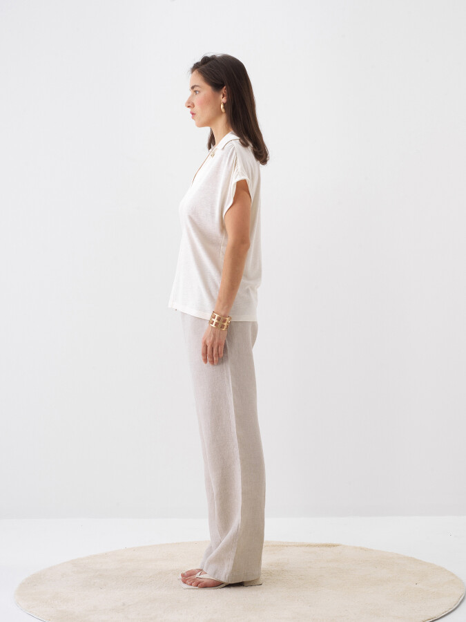 Naturel Keten Karışımlı Oversize Bluz - 3
