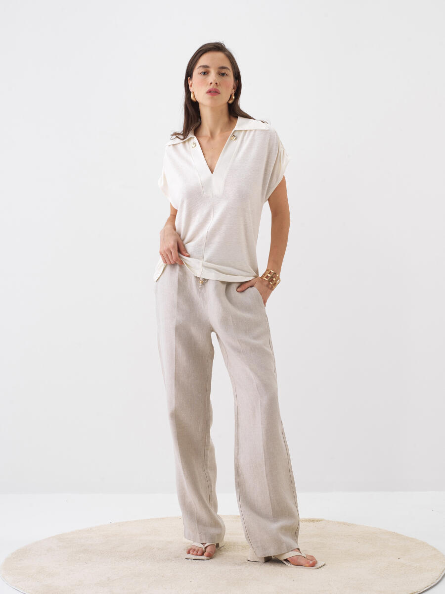 Naturel Keten Karışımlı Oversize Bluz - 2