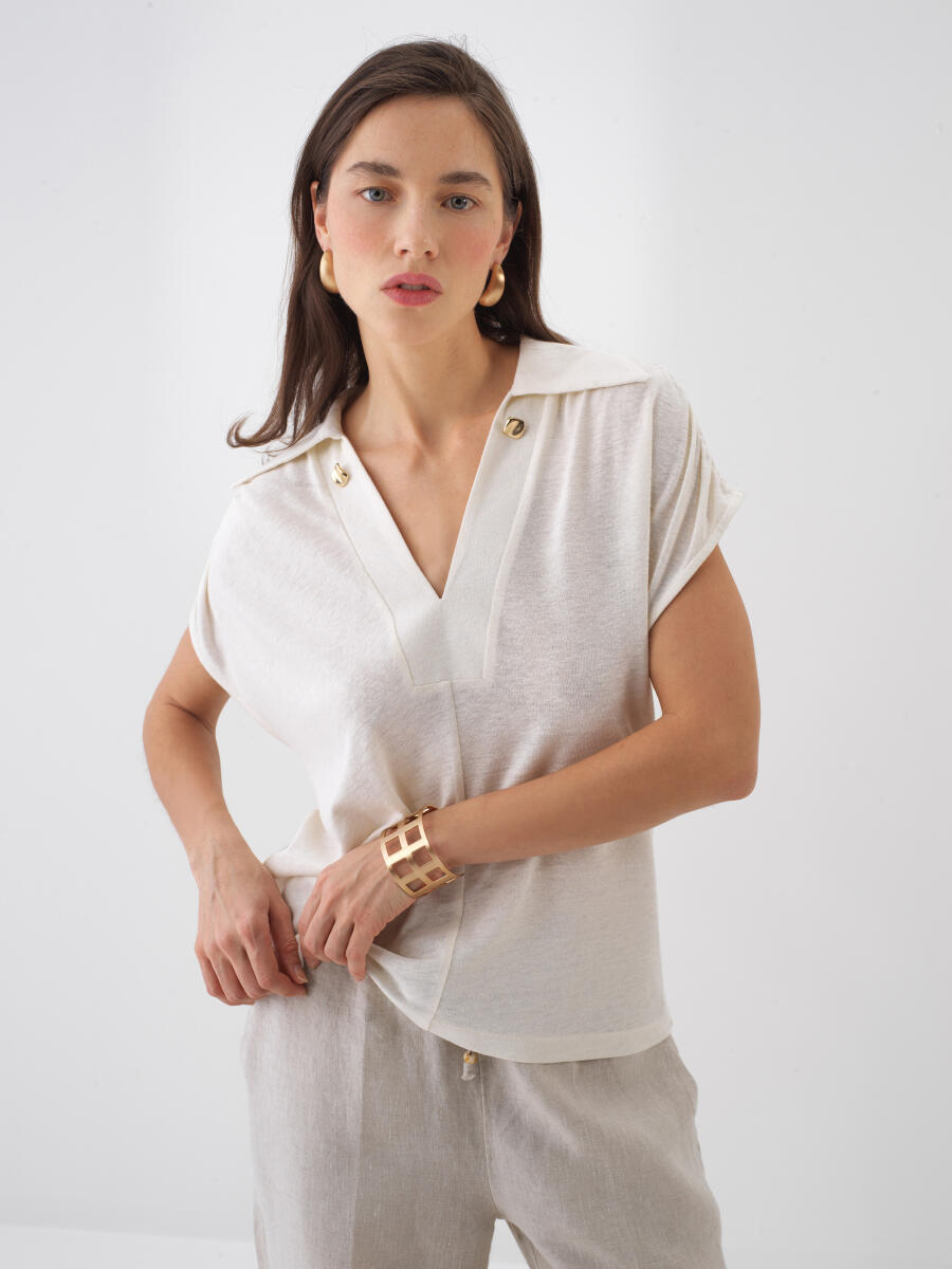 Naturel Keten Karışımlı Oversize Bluz - 1