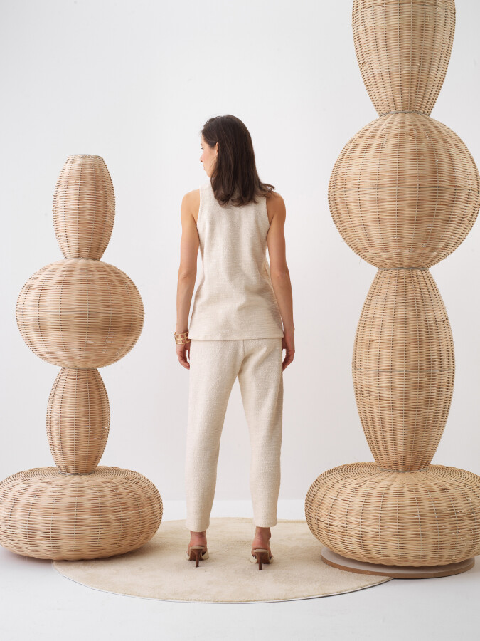 Naturel Pamuk Dokulu Oversize Bluz - 5