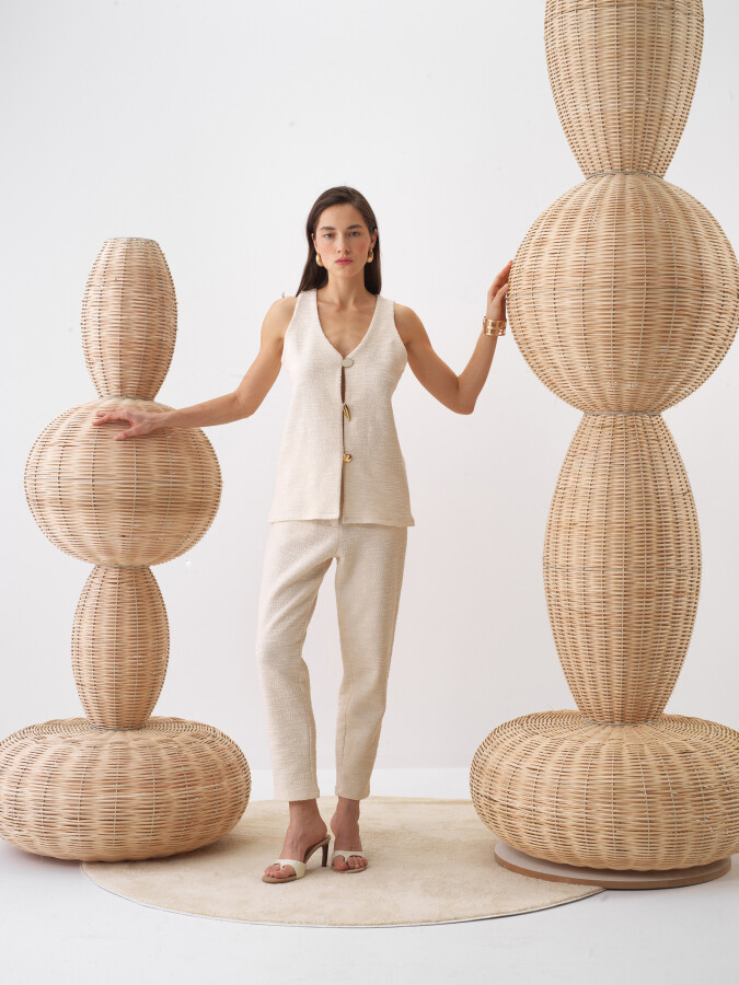 Naturel Pamuk Dokulu Oversize Bluz - 6