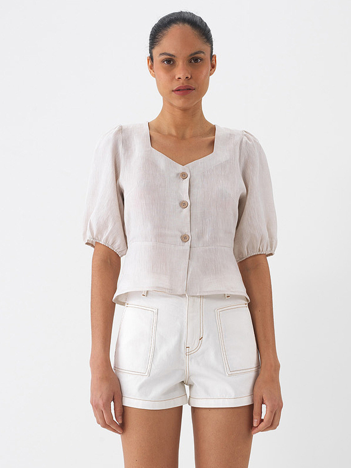 Naturel %100 Keten Regular Fit Bluz (3)