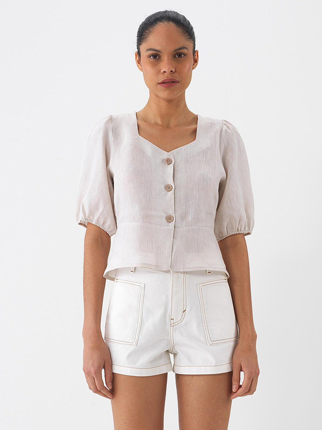 Naturel %100 Keten Regular Fit Bluz - 3